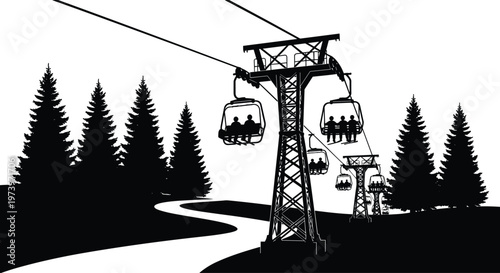 Mountain Cable Car Ski Lift Silhouette with Pine Forest Landscape Winter Travel Adventure Transport Scenic Nature Vector Illustration