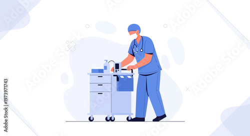 Doctor in blue scrubs with stethoscope and medical cart in a modern clinic