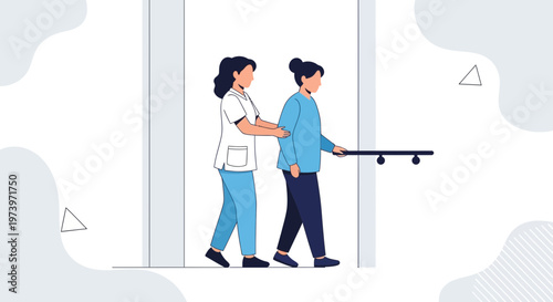 Nurse assisting elderly woman walking with handrail in rehabilitation center