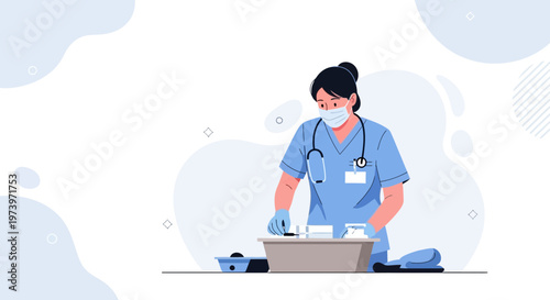 Nurse Preparing Medical Supplies, Healthcare Professional in Scrubs and Mask