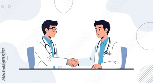 Two doctors shaking hands, medical collaboration, healthcare professionals meeting, teamwork, agreement