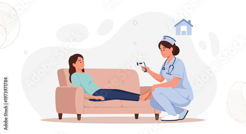 Nurse checks patient's temperature at home, healthcare at home concept