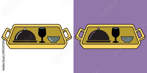 golden food serving tray with cloche and plates vector illustration