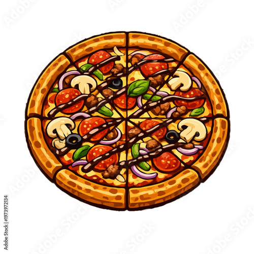 A vibrant, cartoon-style illustration of a whole pizza, generously topped with pepperoni, mushrooms, onions, olives, and a dark drizzle, cut into eight slices.