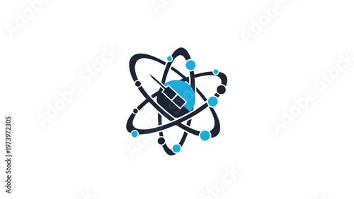 Abstract illustration of an atom with orbiting electrons and a central core.