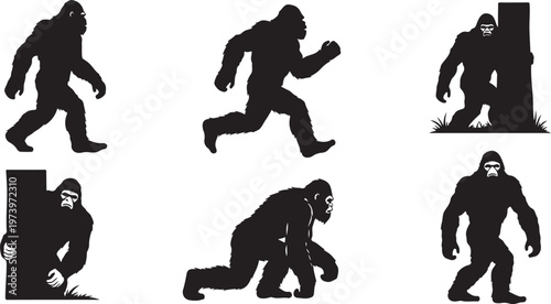 Bigfoot Silhouettes in Various Poses and Actions Running Walking