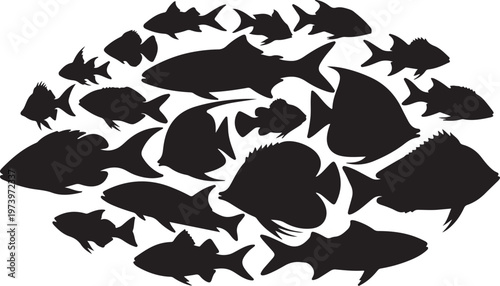 School of fish silhouettes swimming together in ocean waters