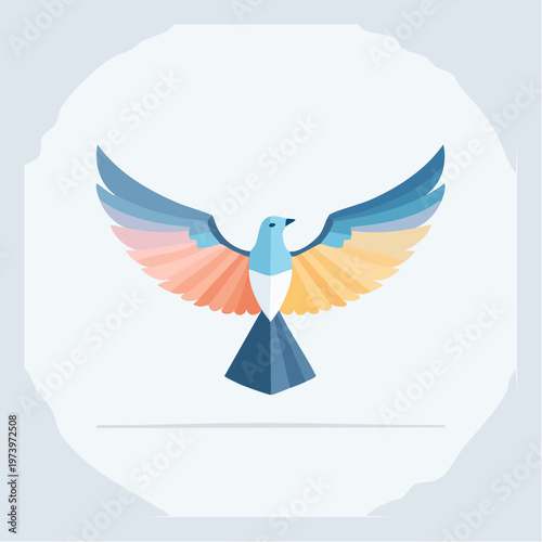 A stylized colorful bird with outstretched wings represents freedom and creativity in a minimalist design