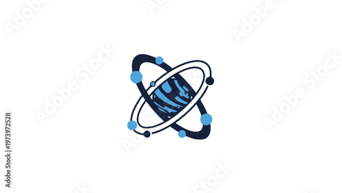 Abstract illustration of an atom with orbiting electrons in space.