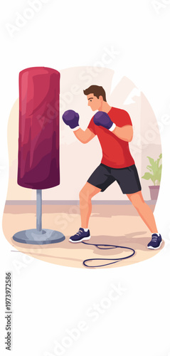 Active Man Workout Set in Gym with Running Weightlifting and Boxing Illustration