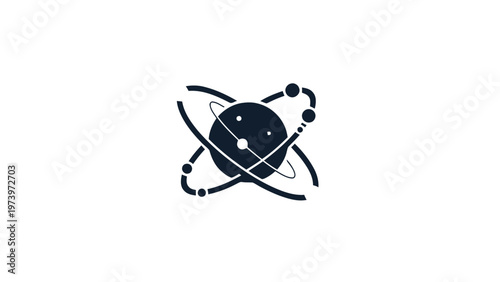 Abstract illustration of an atom with orbiting electrons in space.