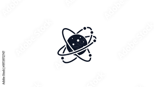 Abstract illustration of an atom with orbiting electrons in space.