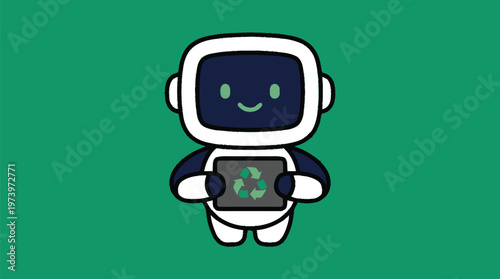 Friendly Robot Holding Tablet with Recycling Symbol on Green Background.