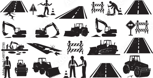 Road construction icons and workers in black silhouette style