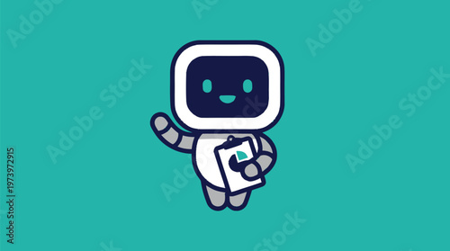 Friendly Robot Mascot Holding Clipboard and Pen on Teal Background.