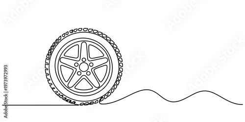 A single continuous line drawing of a car tire rolling along a winding path on a white background Vector, illustration
