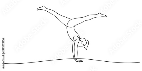 A minimalist single line drawing of a person performing a graceful handstand on the floor level Vector, illustration