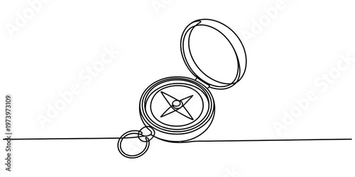 A single continuous line drawing of a vintage pocket compass sitting on a flat horizontal line. Vector, illustration