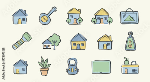 Collection of Hand-Drawn Doodle Icons Representing Home, Lifestyle, and Everyday Objects.