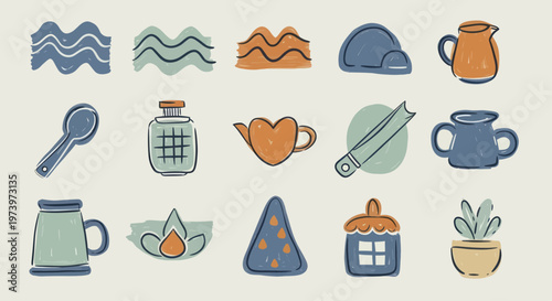 Collection of Hand-Drawn Doodle Icons Representing Various Household Objects and Nature Elements.