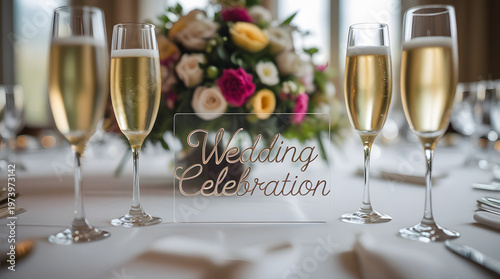 Elegant wedding celebration with champagne flutes and floral centerpiece on table