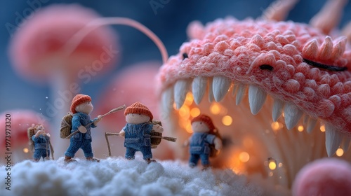 Tiny figures face a giant, textured dragon in a whimsical fantasy