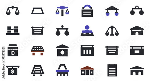 Collection of Legal and Business Icons Representing Justice and Finance.