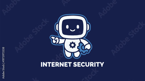 Friendly Robot Mascot Pointing to Internet Security Concept.