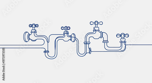 Continuous line art drawing of water pipes and faucets.
