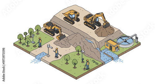 Construction site with heavy machinery and workers.