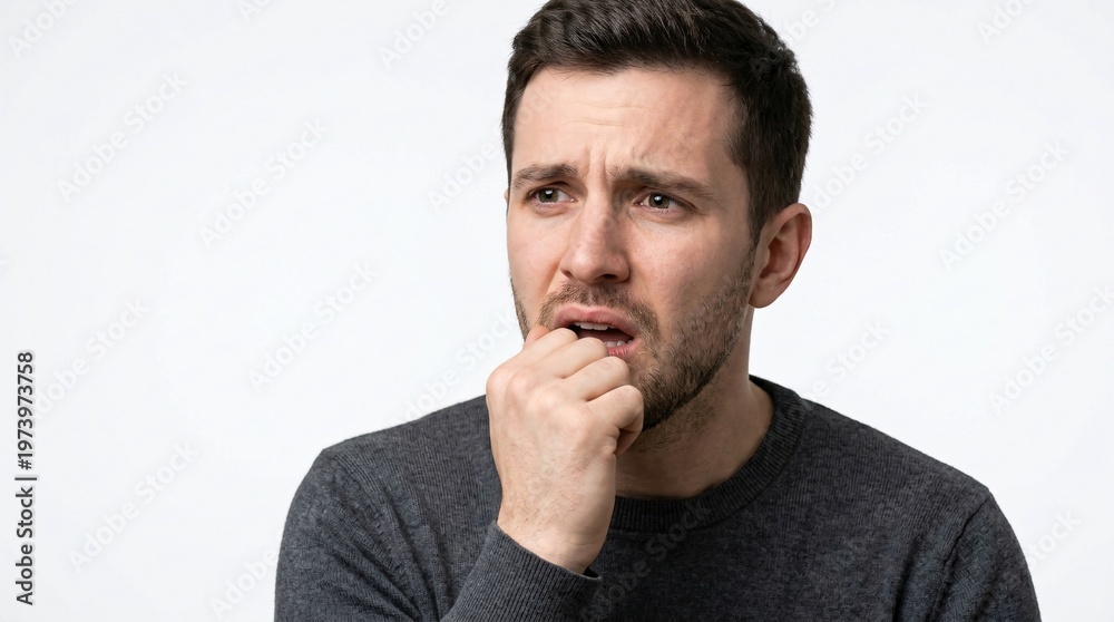 Obraz premium Man Biting Nails Experiencing Stress and Anxiety