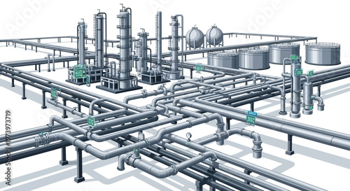 Detailed vector illustration showcasing oil and gas energy infrastructure, depicting complex pipeline systems and industrial structures against a clean white background with a technological