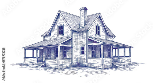 Detailed Pen and Ink Drawing of a Classic American Farmhouse.
