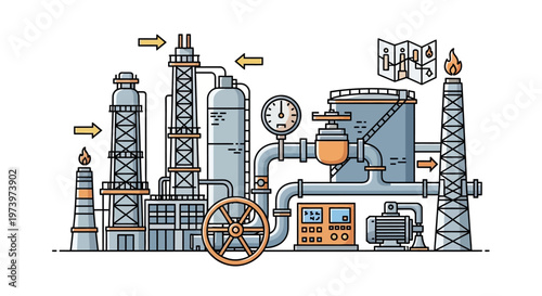 Detailed vector illustration of an oil and gas energy infrastructure facility depicting various industrial components and pipelines against a clean white background, showcasing technology
