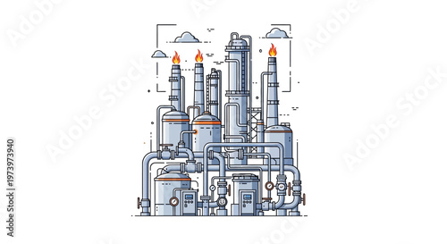 Detailed vector illustration of an oil and gas energy infrastructure design, featuring pipelines and industrial equipment in a clean style against a white background