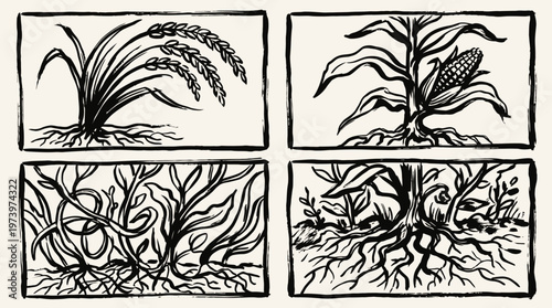 Black  White Line Art: Agricultural Crop Root Systems, Rice  Corn Illustrations