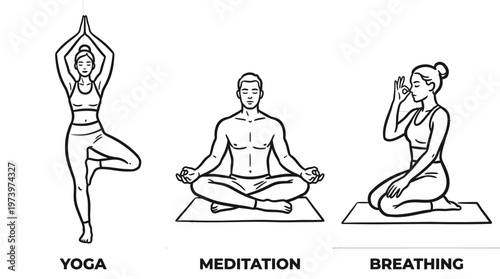 Wellness and Mindfulness Line Art Illustration with Yoga, Meditation, and Breathing Exercises