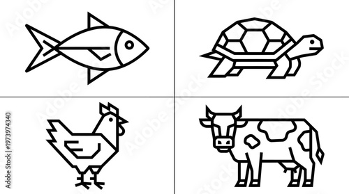 Food  Farm Animals, Wildlife Icons in Geometric Line Art: Fish, Turtle, Chicken, Cow