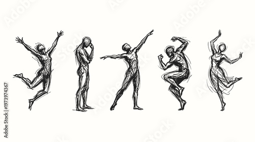Expressive Human Figures Dance Poses Sketch Line Art  Black  White Hand-drawn Collection