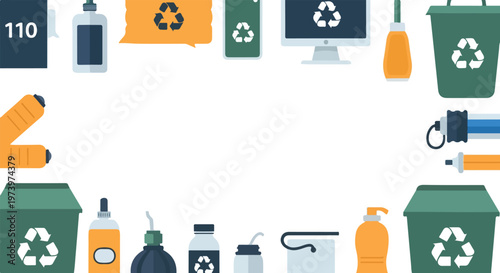 A flat vector illustration featuring a border of recycling bins and sustainable containers surrounding a central white copy space area.