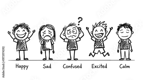 Black  White Hand-Drawn Line Art: Cartoon Kids Expressing Happy, Sad, Confused, Excited, Calm Emotions