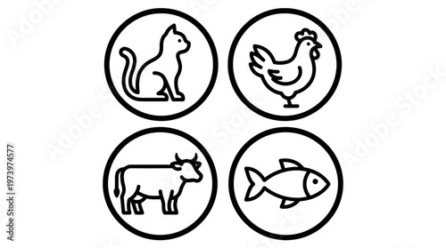 Line Art Animal Icons for Food and Pet Industry: Cat, Chicken, Cow, Fish