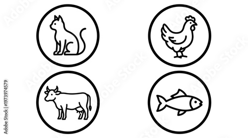Minimalist Black  White Line Art Animal Icons: Cat, Chicken, Cow, Fish for Food  Pet Industry