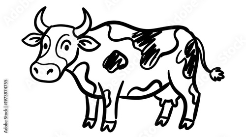 Simple Farm Cow Black and White Line Art Drawing - Cute Cartoon Animal for Kids  Agriculture