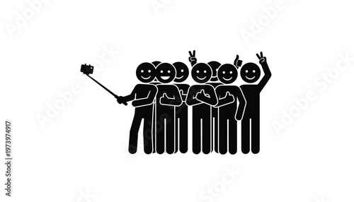 Stick figures depicting a happy group of friends capturing a fun moment together with a selfie stick