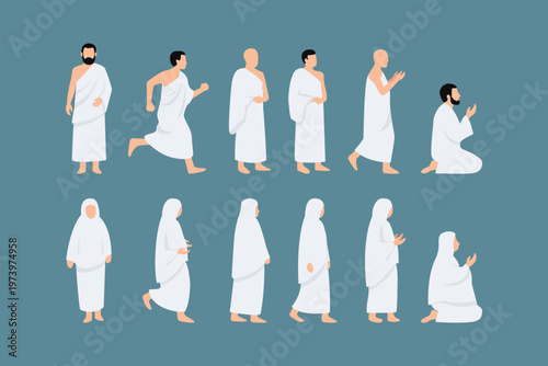 Muslim Pilgrimage Activity Pose Set. Hajj Ritual Gesture Sequence Illustration.
