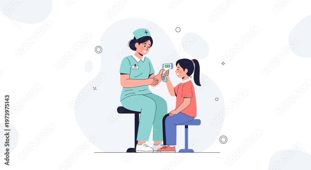 Fototapeta premium Nurse measuring child's temperature with digital thermometer, healthcare concept