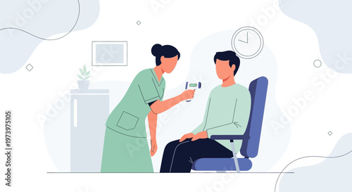 Nurse measures patient's temperature with infrared thermometer in clinic