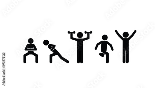 Black stick figures performing various physical exercises and athletic movements to show a healthy active lifestyle routine
