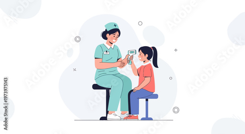 Nurse measuring child's temperature with digital thermometer, healthcare concept